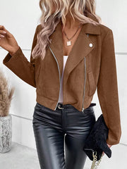 Suede Moto Jacket with Zip Detail Coffee Brown Trendsi