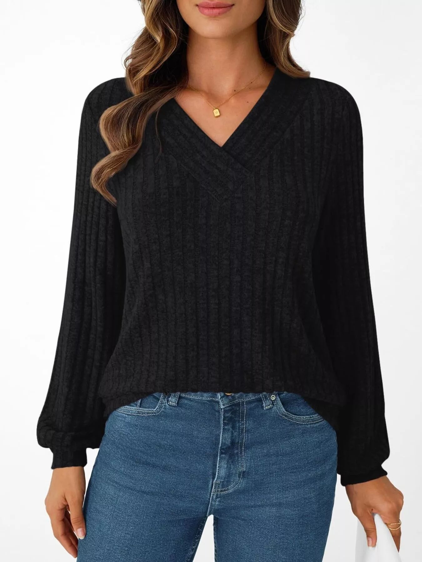 Ribbed Knit V-Neck Long Sleeve T-Shirt OutfitFlow