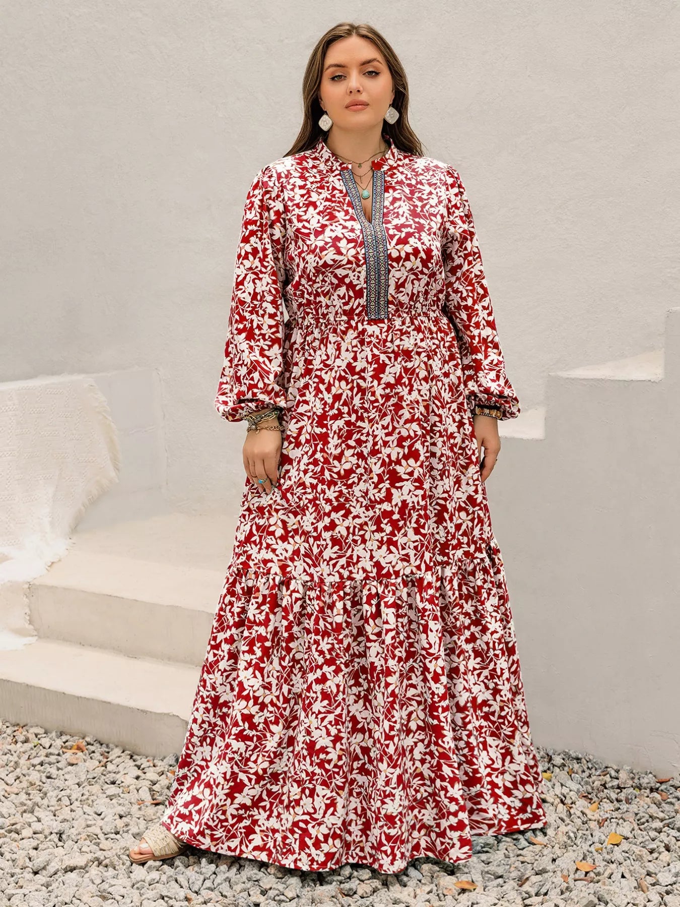 Plus Size Floral Print Long Sleeve Maxi Dress OutfitFlow