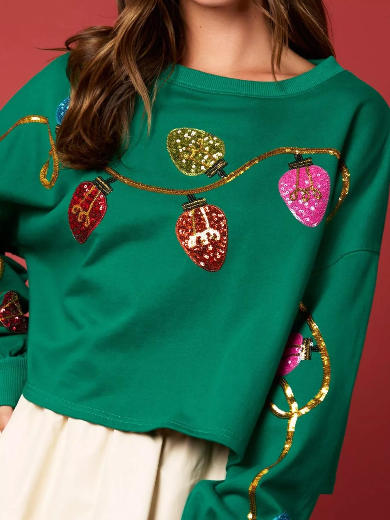 Christmas Holiday Lights Sequin Embellished Sweatshirt OutfitFlow