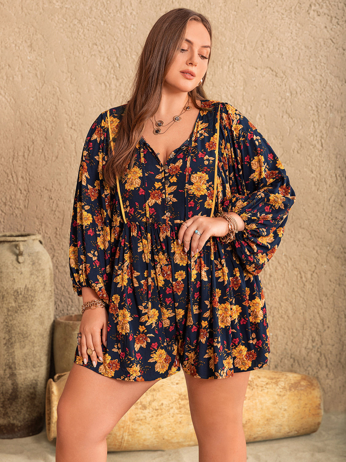 Outfit Flow - Plus Size Floral Tie Neck Balloon Sleeve Romper