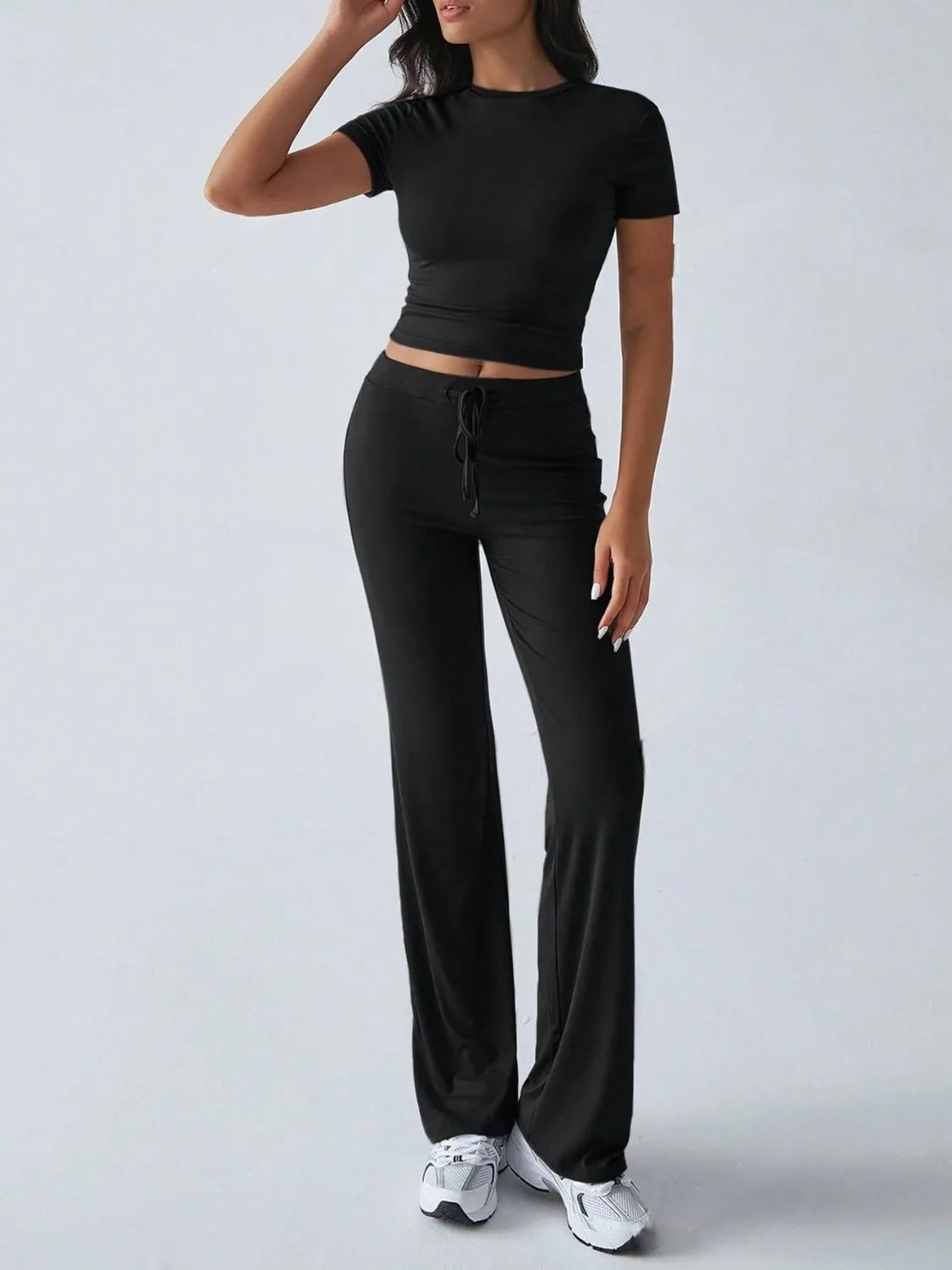 Round Neck Short Sleeve Top and Pants Set OutfitFlow