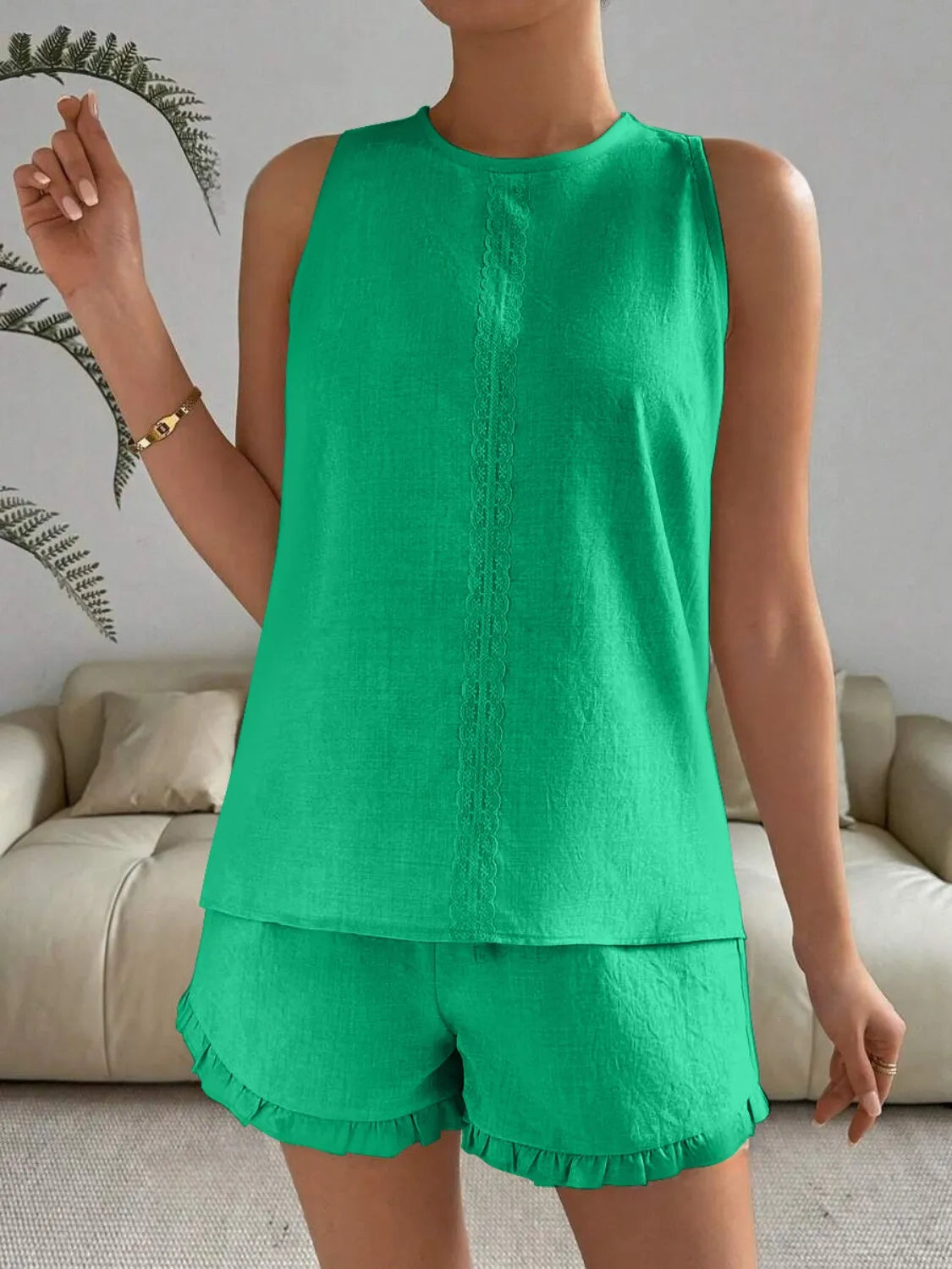 Lace Detail Round Neck Tank and Shorts Set OutfitFlow