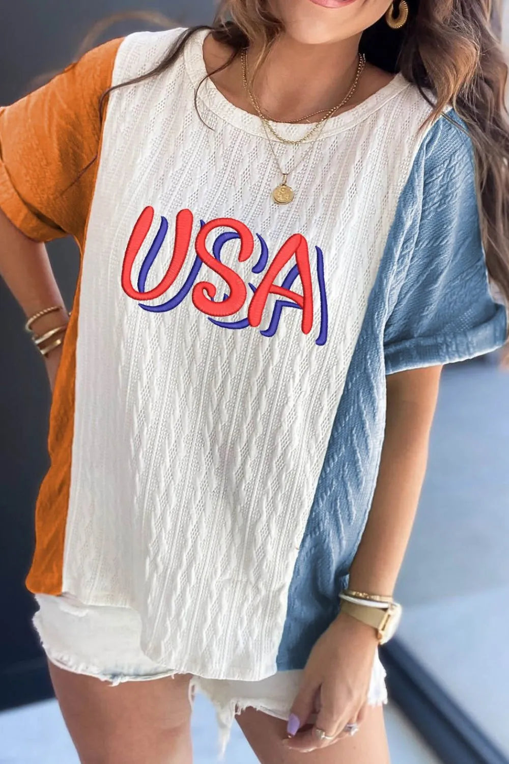 USA Embroidered Cable Textured Knit Cuffed Sleeve Color Block Tee OutfitFlow