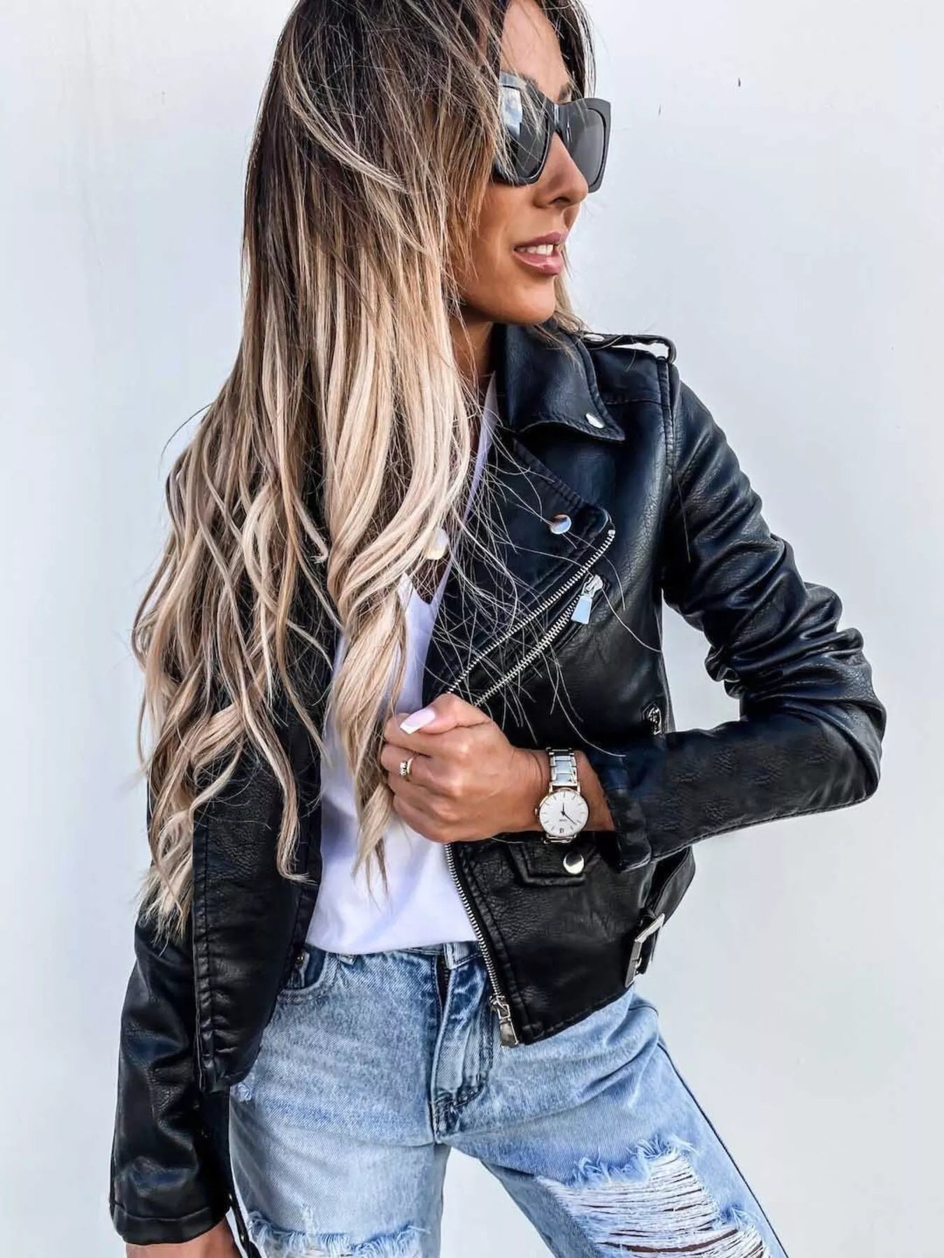 Full Size Zip Up Leather Motorcycle Biker Jacket Plus Size OutfitFlow
