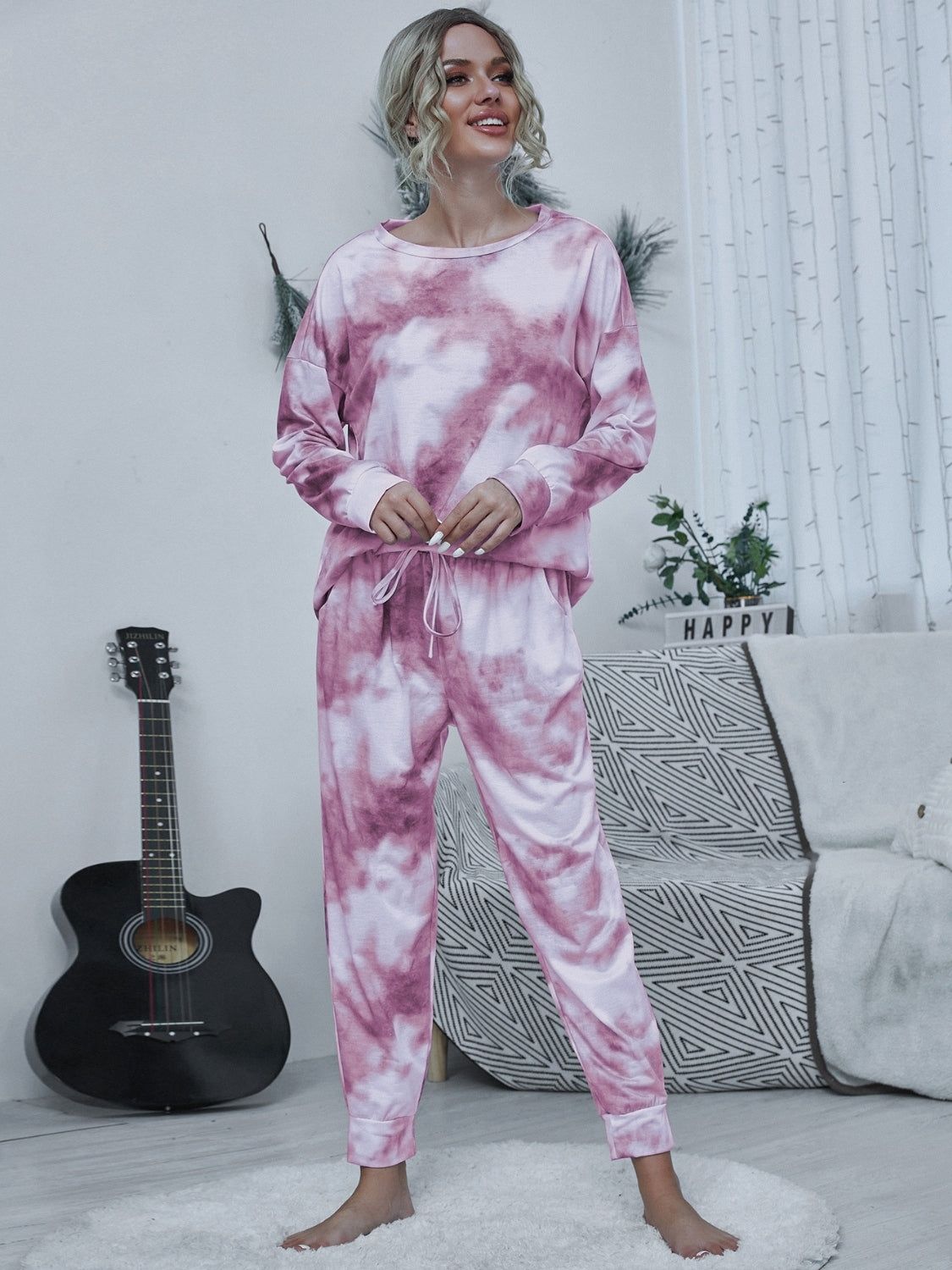 Shiny Tie-dye Round Neck Top and Drawstring Pants Lounge Set Carnation Pink OutfitFlow