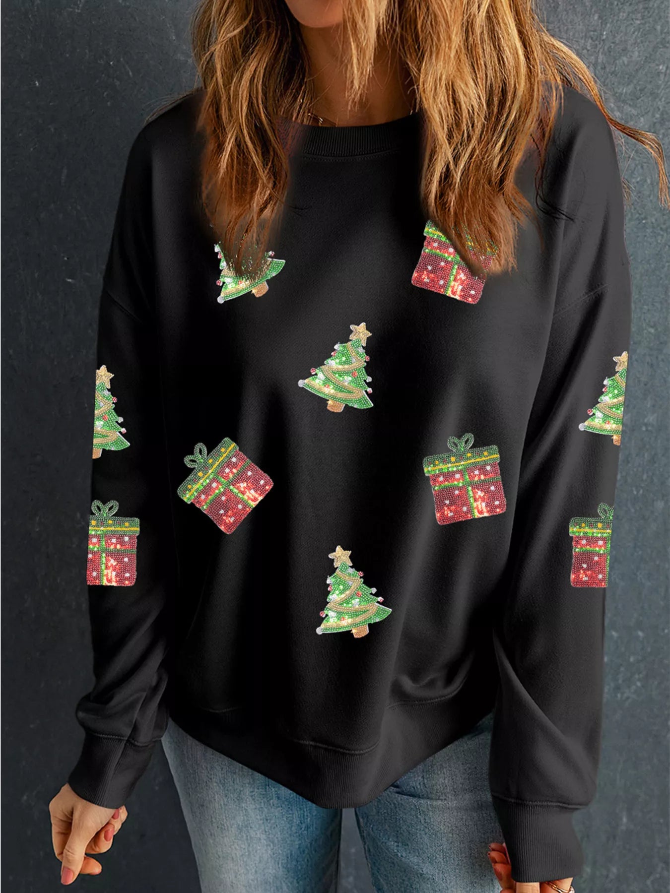 Sequin Christmas Trees Gifts Patched Drop Shoulder Sweatshirt OutfitFlow