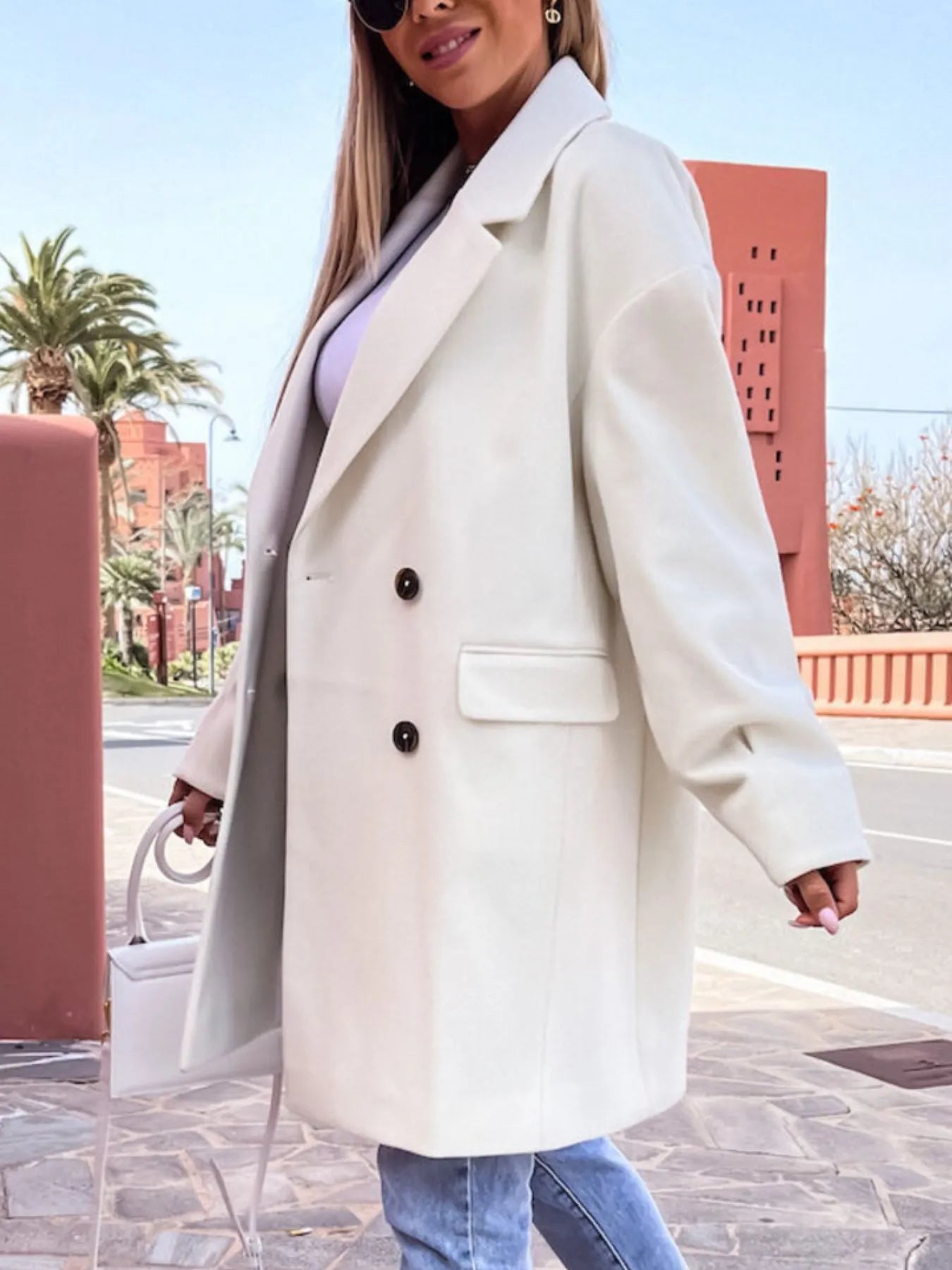 Full Size Double-Breasted Wool Coat Plus Size Trendsi