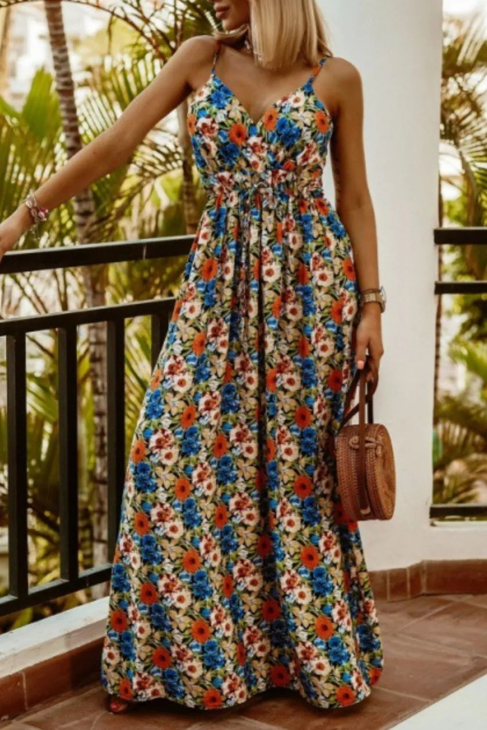 Printed Spaghetti Strap Maxi Dress OutfitFlow