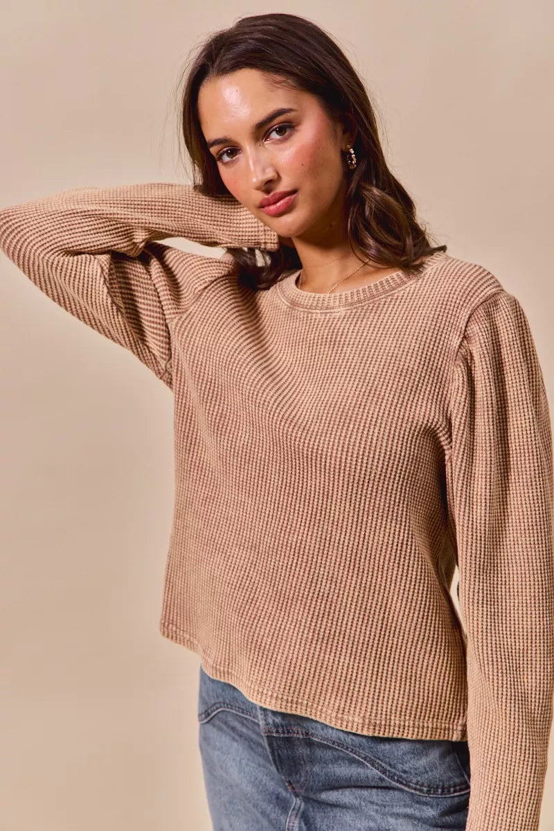 SO ME Mineral Washed Waffle Top With Puff Sleeves OutfitFlow