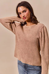 SO ME Mineral Washed Waffle Top With Puff Sleeves OutfitFlow