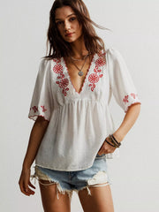 Embroidered Floral V-Neck Blouse OutfitFlow