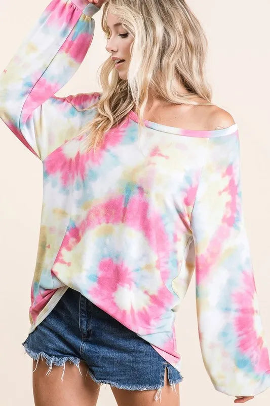 BiBi Tie Dye Print Terry Top With Puff Sleeves OutfitFlow