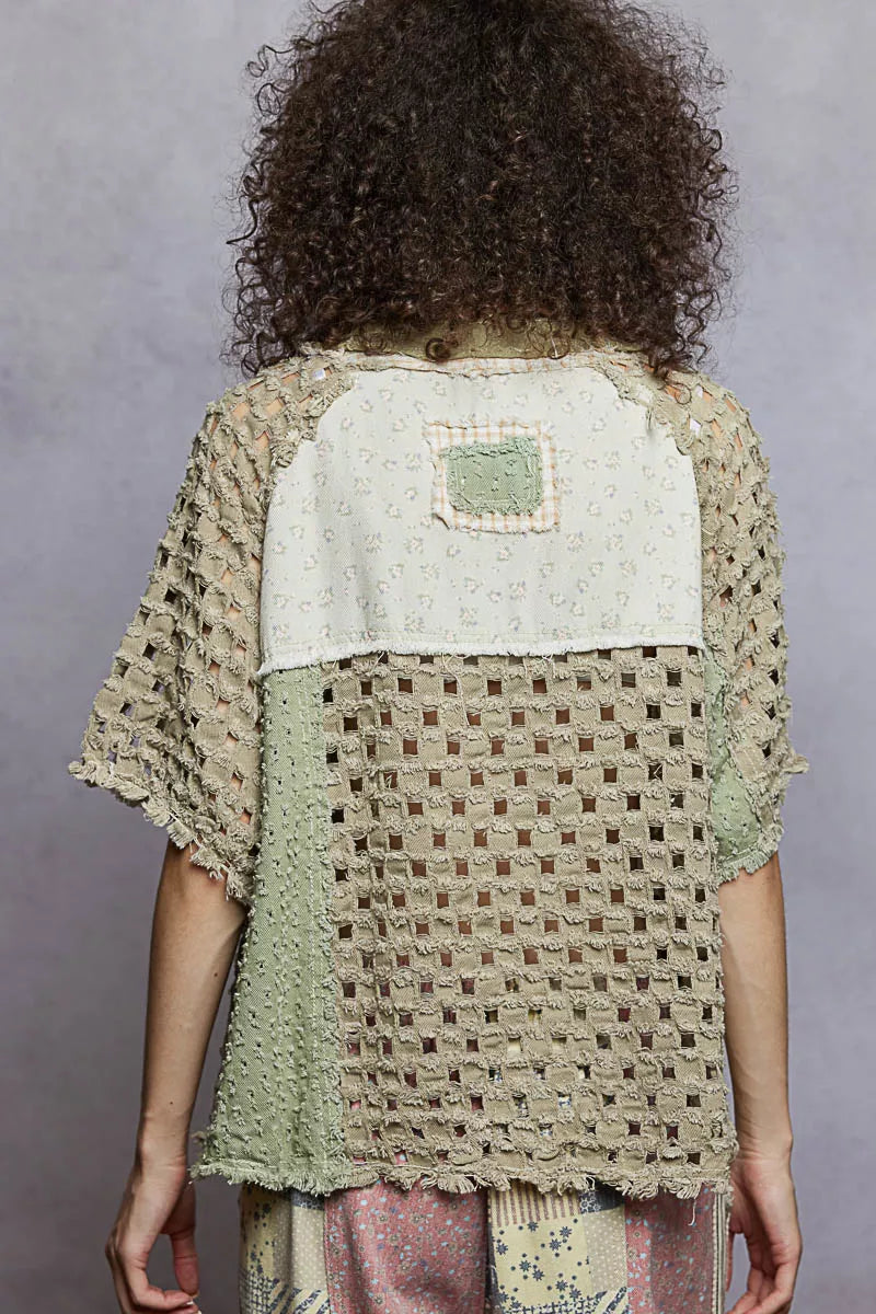 POL Button Down V-Neck Jacket with Printed Woven Patchwork OutfitFlow