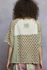 POL Button Down V-Neck Jacket with Printed Woven Patchwork OutfitFlow