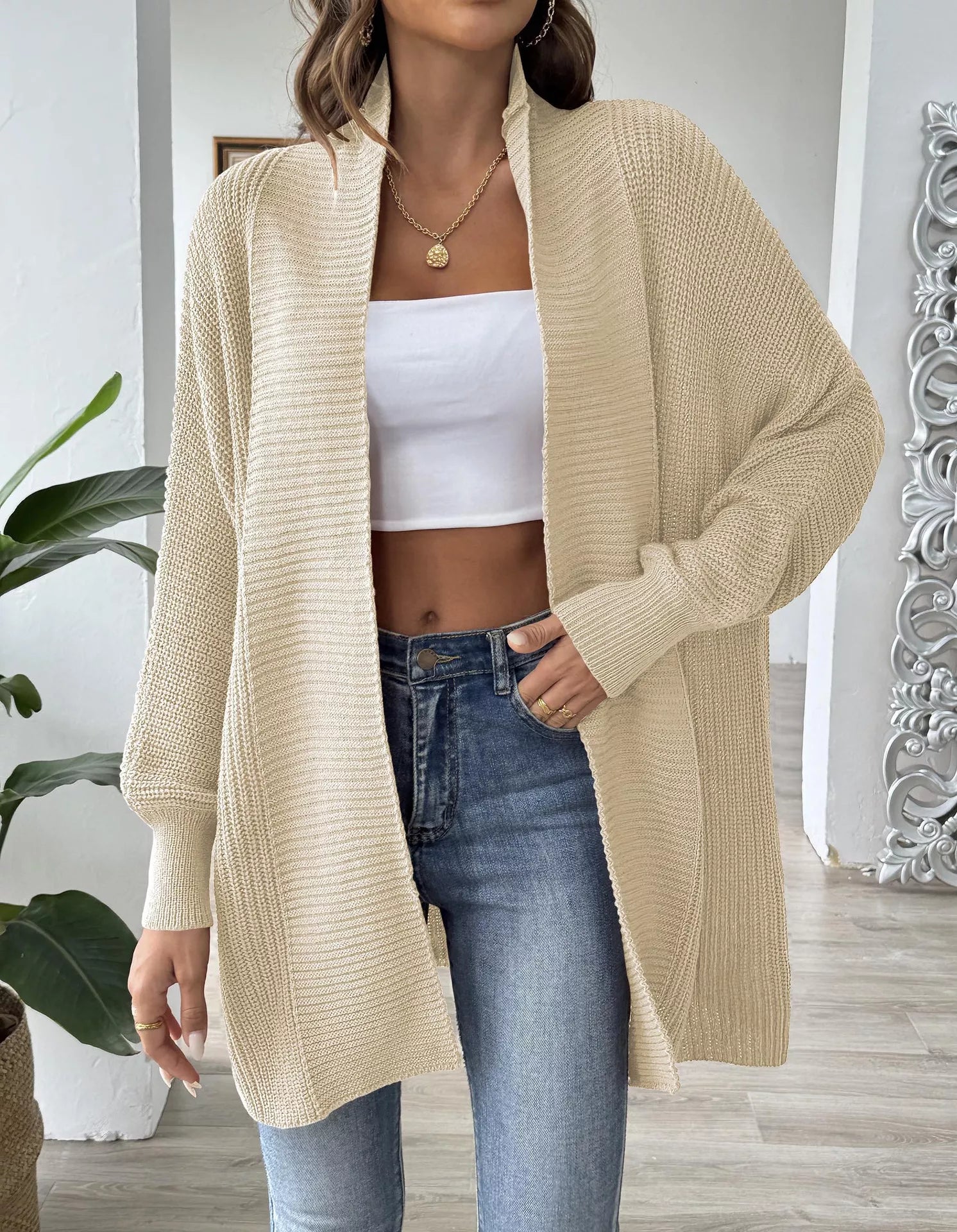Open Front Ribbed Knit Cardigan Tan One Size OutfitFlow