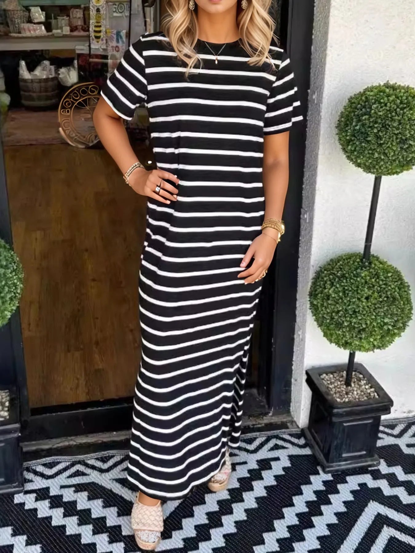 Full Size Striped T-Shirt Maxi Dress with Side Slit Plus Size White OutfitFlow