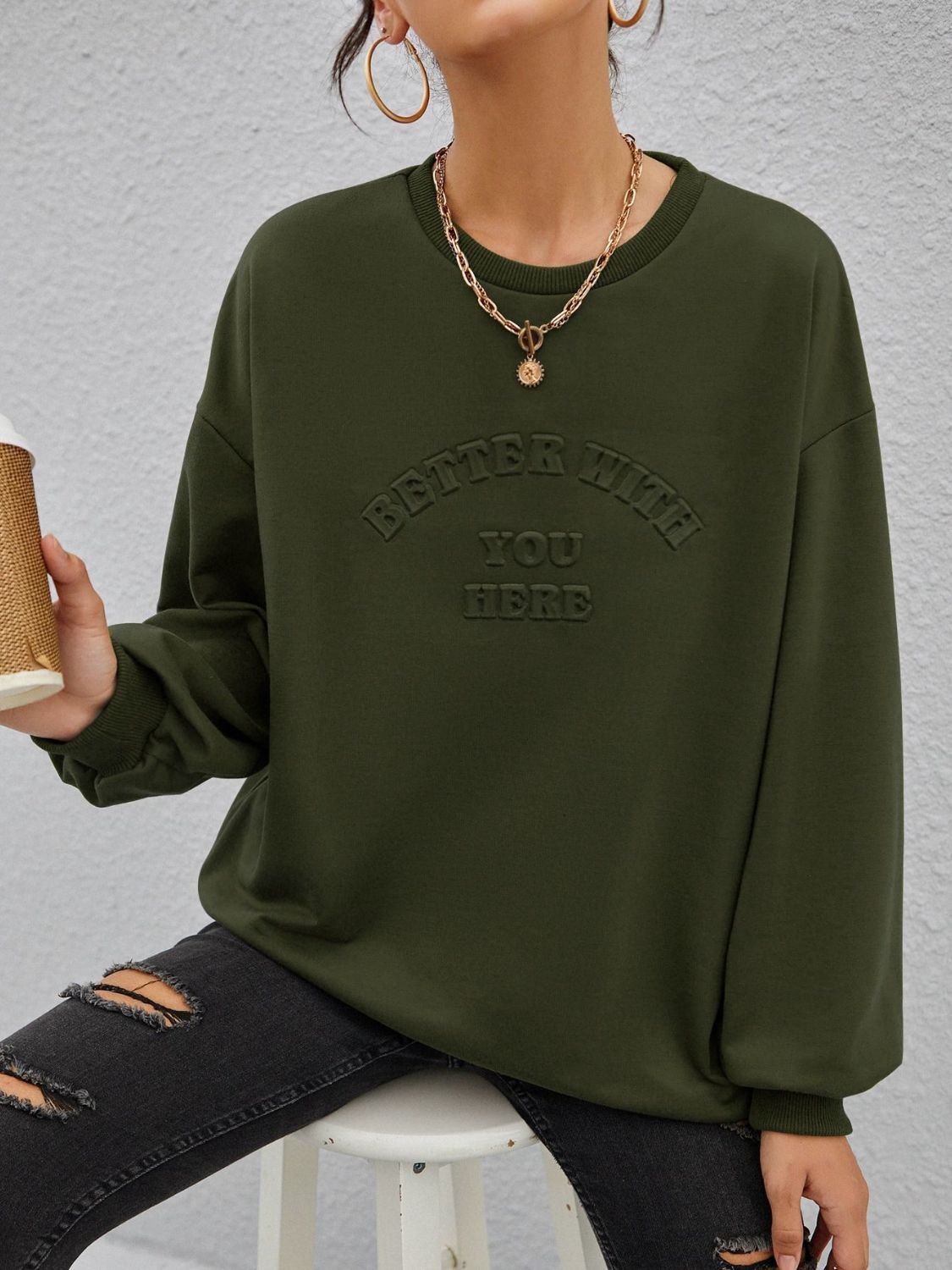 Outfit Flow - Stereoscopic Letter Round Neck Long Sleeve Sweatshirt