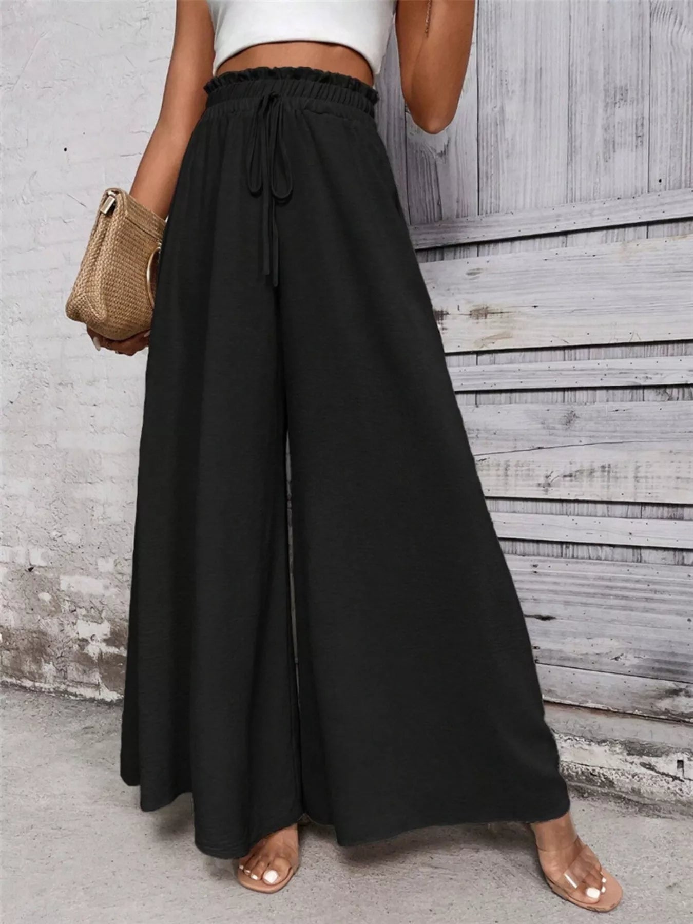 Frill Wide Leg Pants Black OutfitFlow