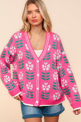 Haptics Full Size Floral Jacquard V-Neck Button Up Cardigan