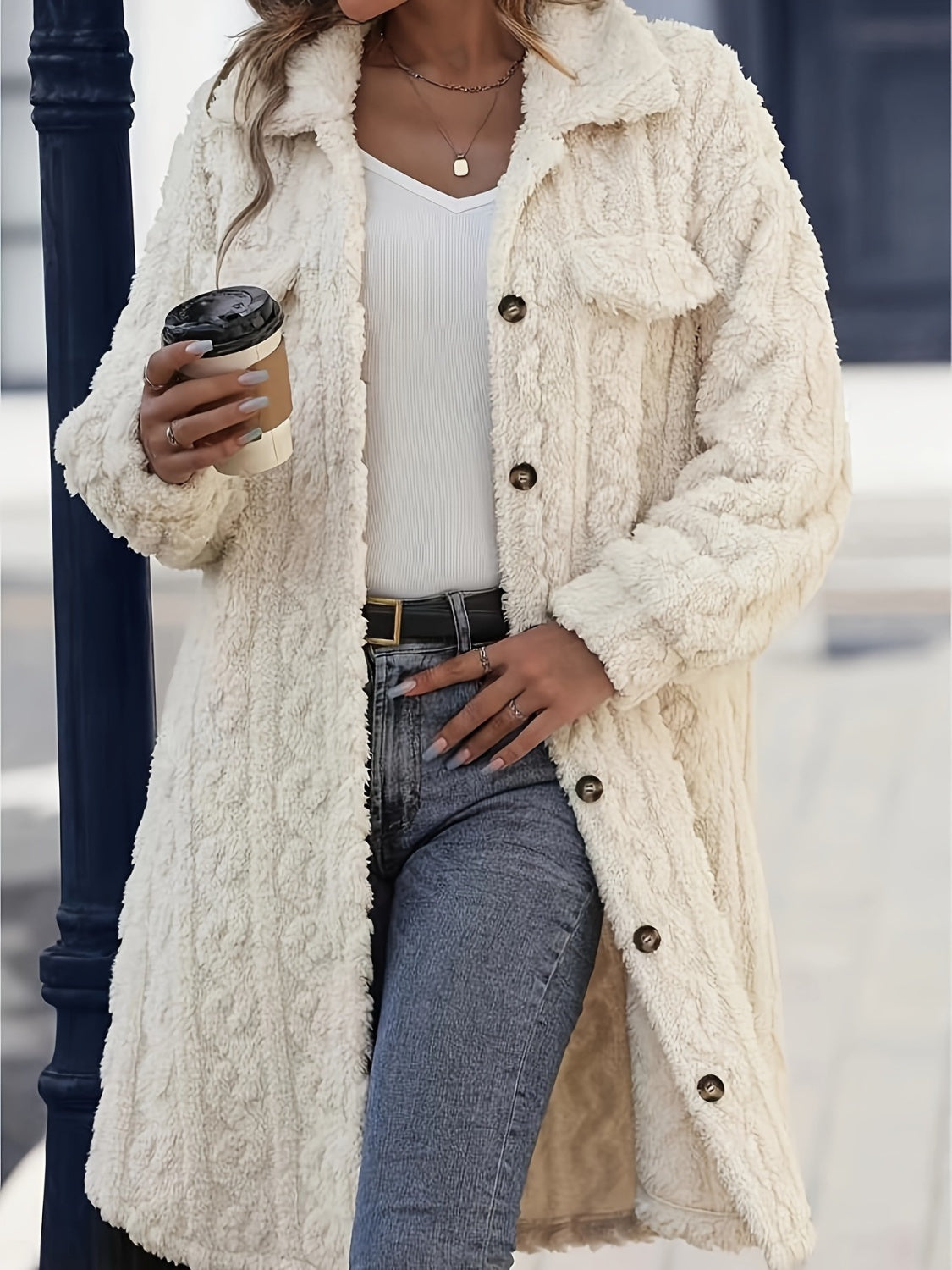 Outfit Flow - Fuzzy Button Up Long Sleeve Longline Coat