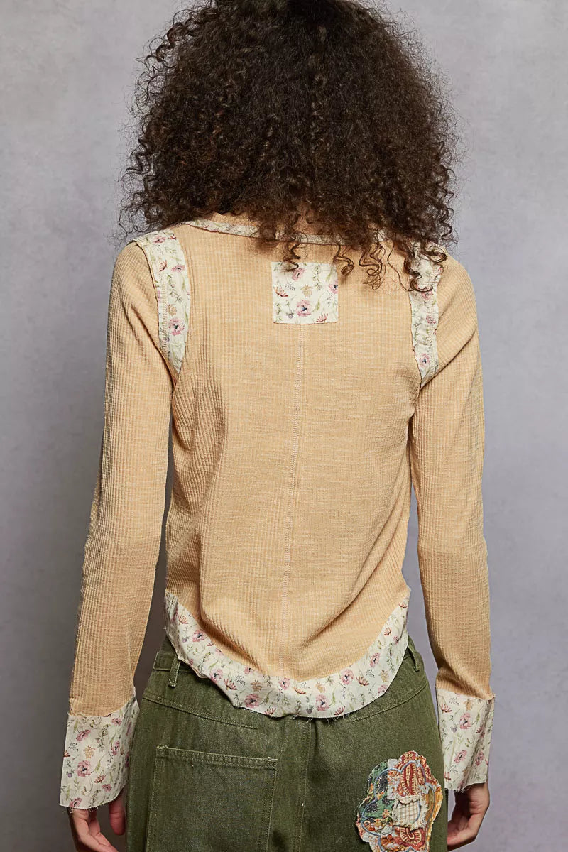 POL Floral Patch V-Neck Long Sleeve Ribbed Top OutfitFlow