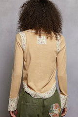 POL Floral Patch V-Neck Long Sleeve Ribbed Top OutfitFlow