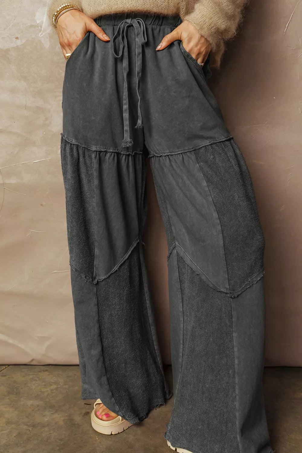 Mineral Wash Tiered Wide Leg Patchwork Drawstring Pants OutfitFlow