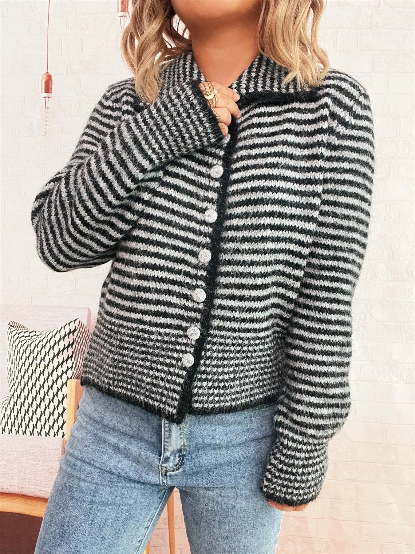 Striped Button-Up Long Sleeve Cardigan Black One Size OutfitFlow