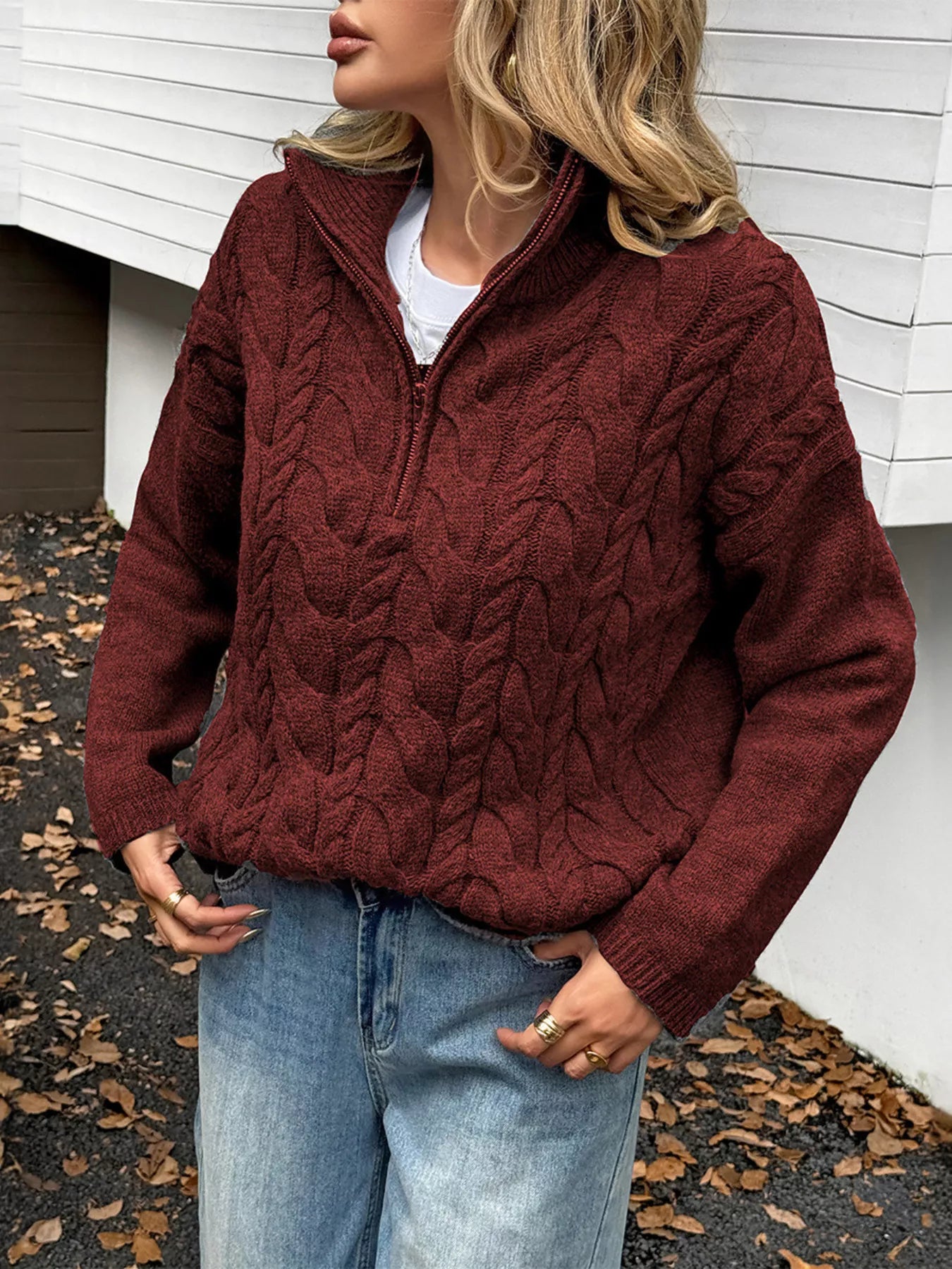 Zip Collar Cable-Knit Sweater Burgundy OutfitFlow