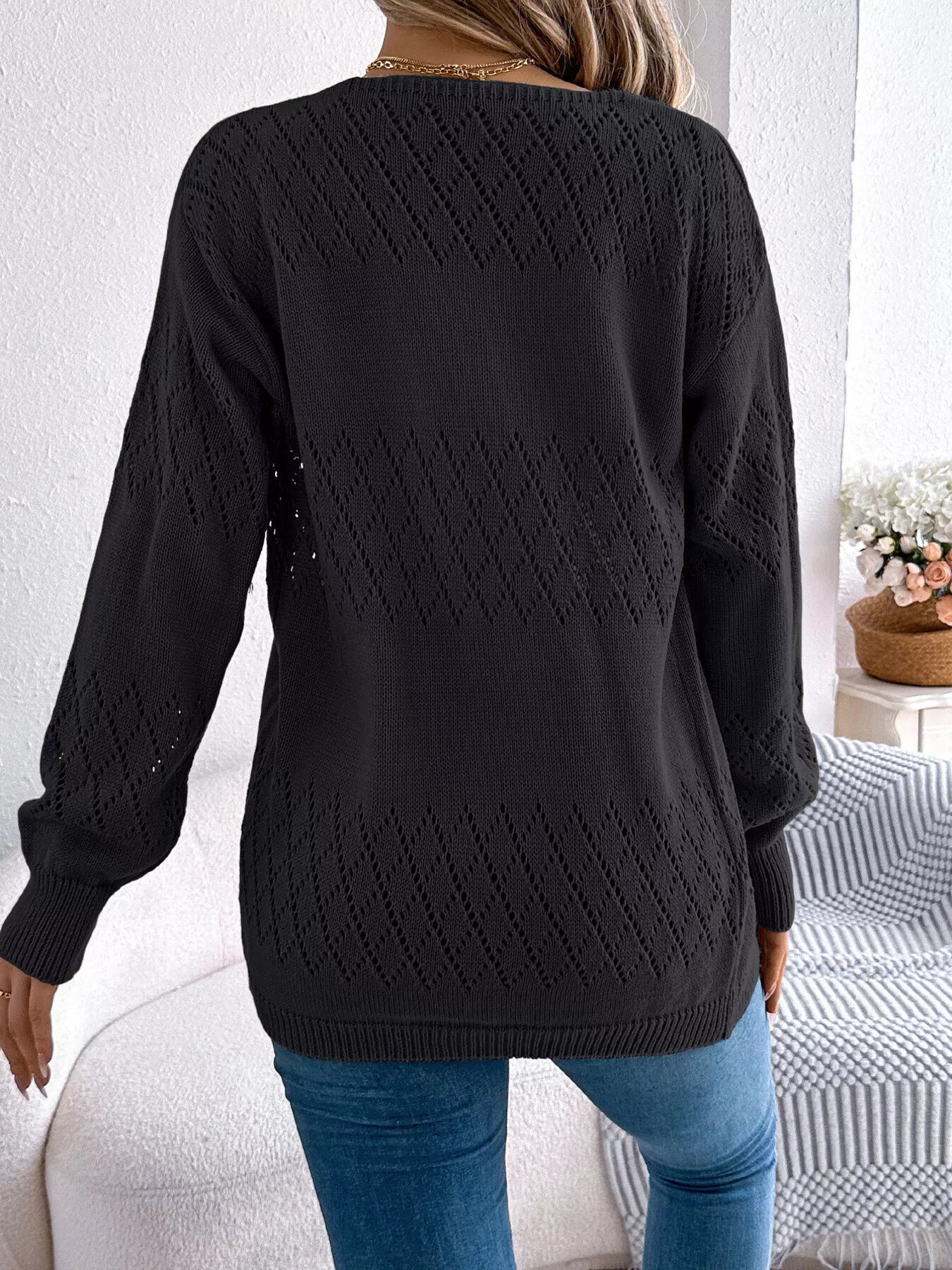 Openwork Open Front Long Sleeve Cardigan OutfitFlow