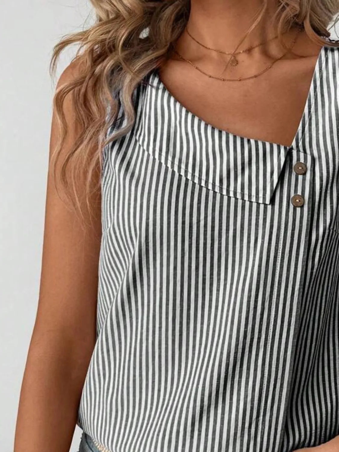 Decorative Button Asymmetrical Striped Tank OutfitFlow