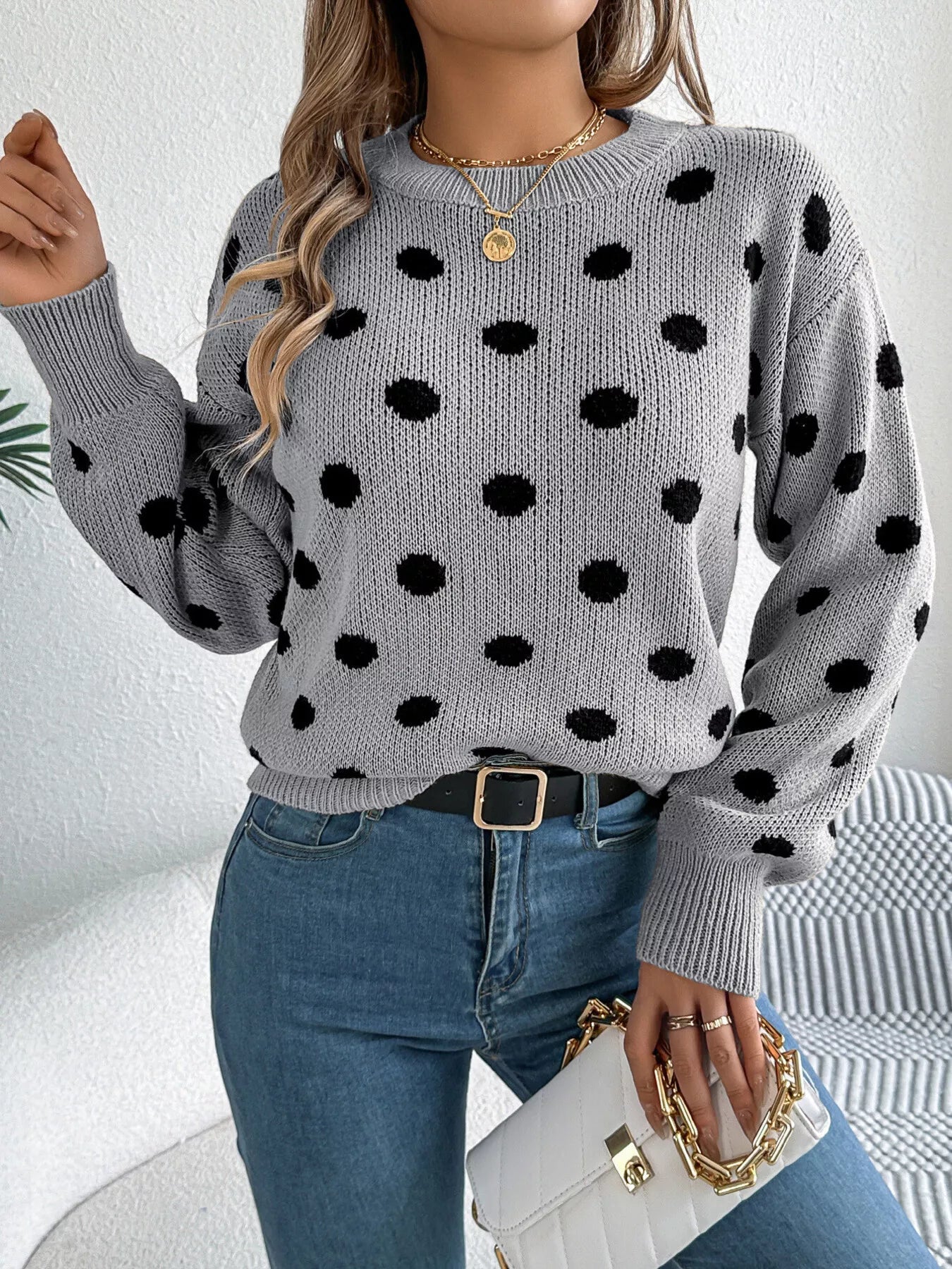 Polka Dot Round Neck Sweater OutfitFlow