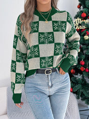 Christmas Snowflake Checkered Round Neck Sweater OutfitFlow