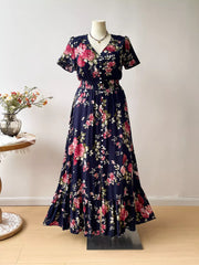 Plus Size Floral Print Short Sleeves V-Neck Dress Dark Blue OutfitFlow