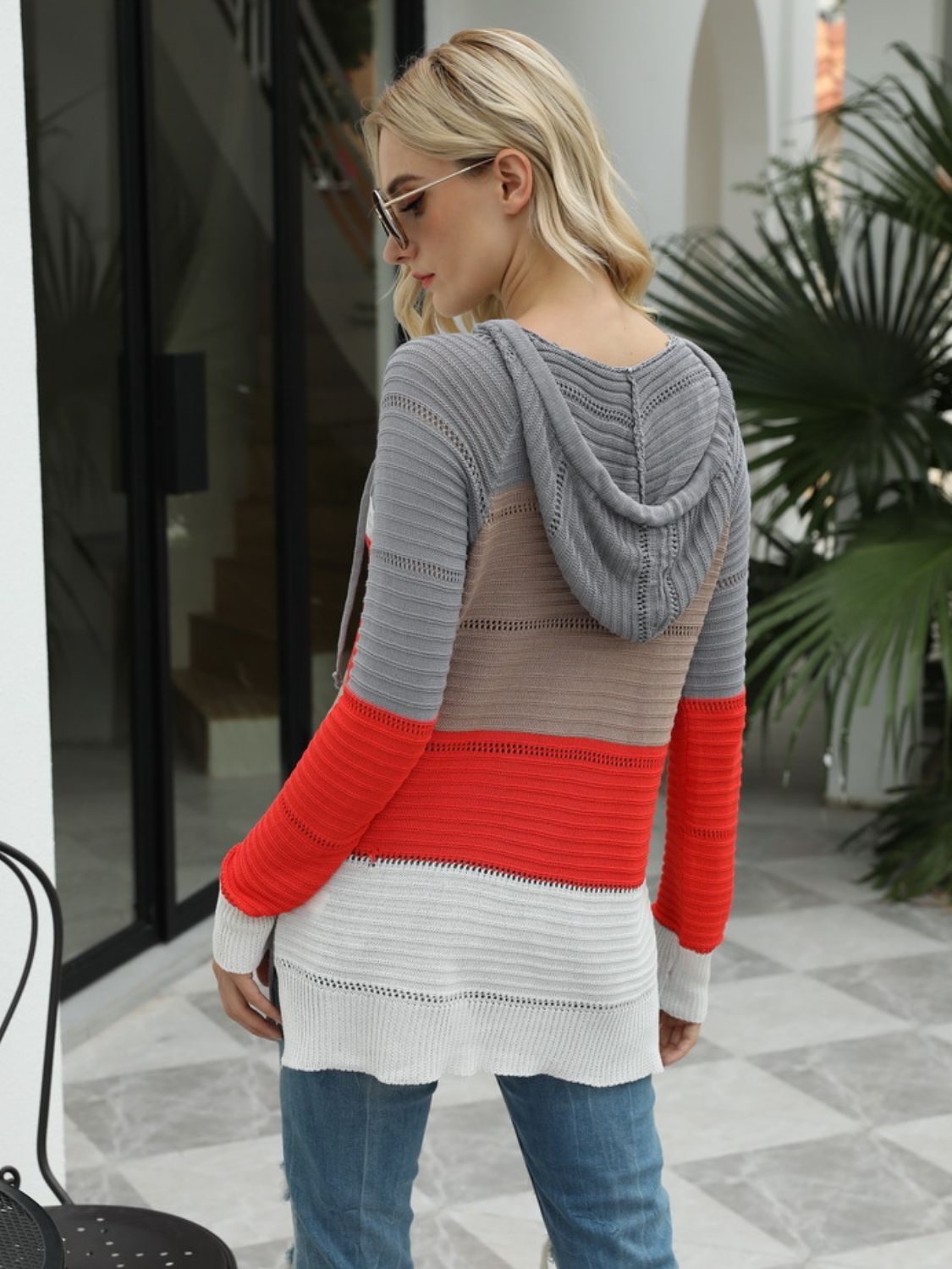 Drawstring Contrast Long Sleeve Hooded T-Shirt OutfitFlow