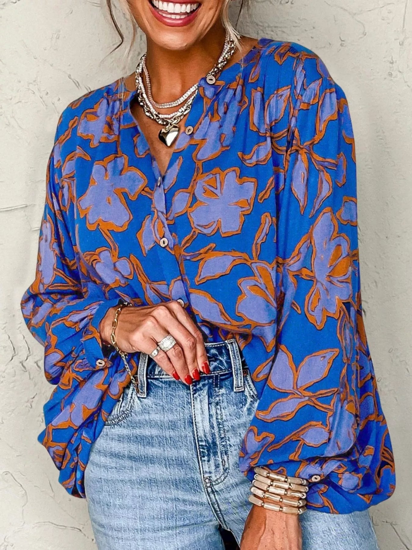 Floral Print Batwing Sleeve Buttoned Loose Fit Shirt OutfitFlow