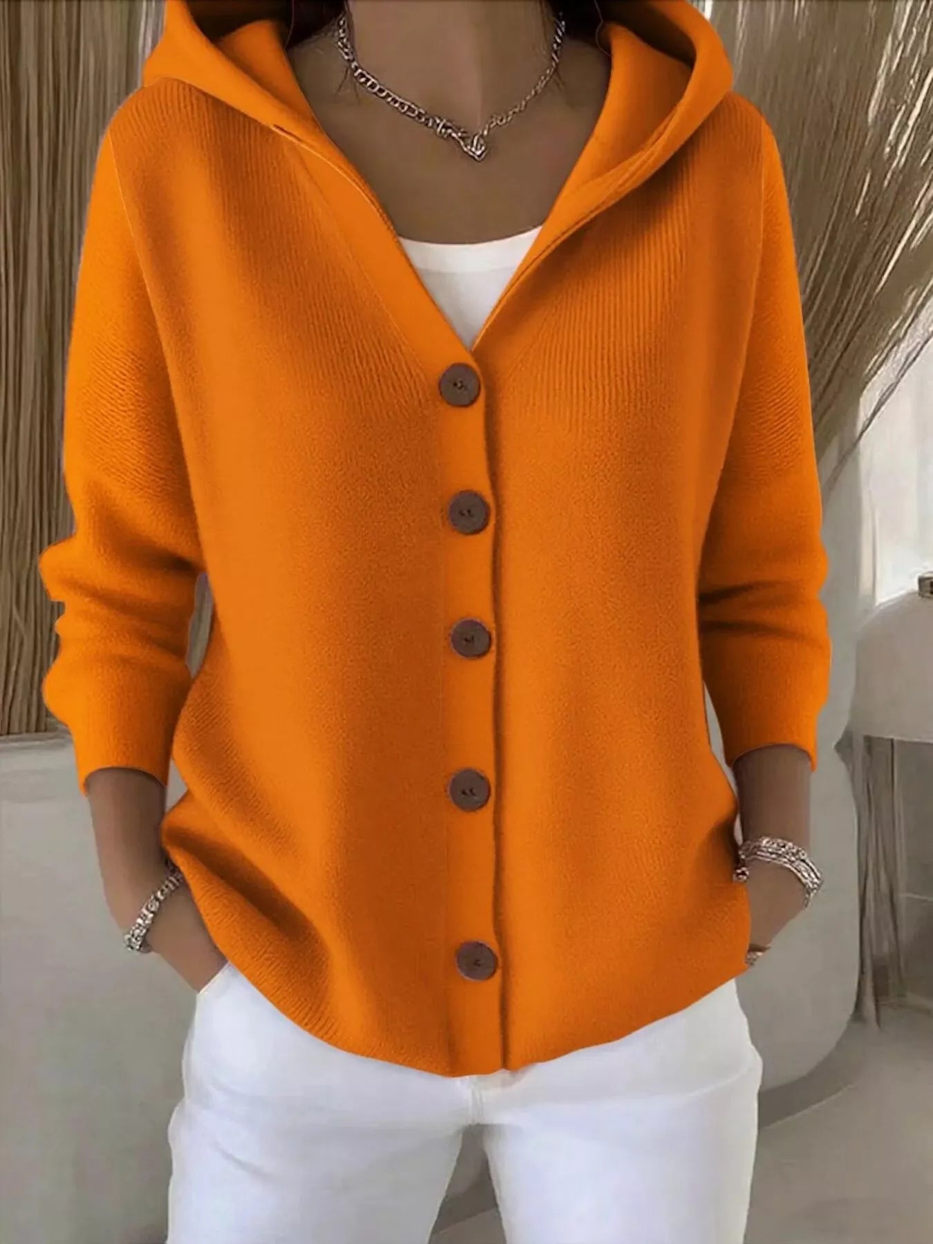 Full Size Hooded Button-Front Soft Knit Cardigan Plus Size Orange OutfitFlow