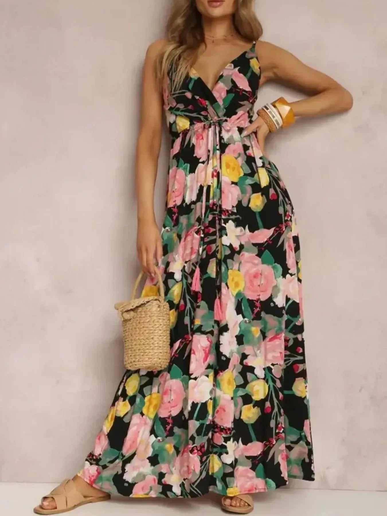 Floral Print Surplice Spaghetti Strap Maxi Dress Black OutfitFlow