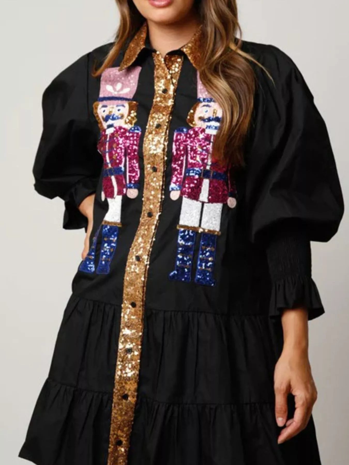 Full Size Christmas Sequin Nutcracker Tiered Shirt Dress Plus Size Black OutfitFlow