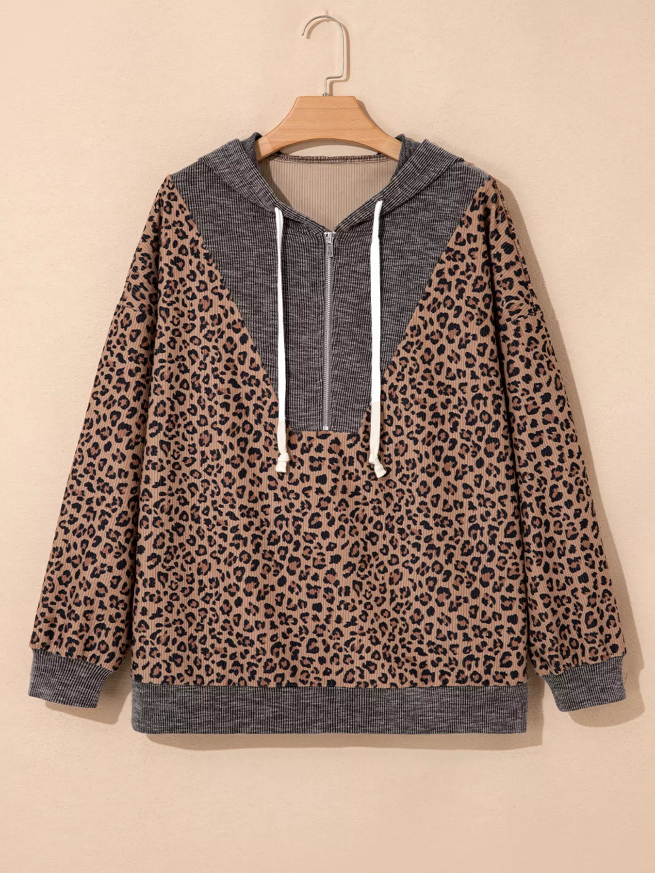Ribbed Leopard Print Contrast Collar Zip Hoodie OutfitFlow