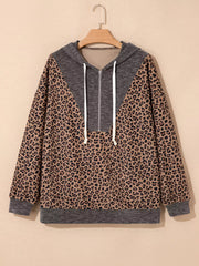 Ribbed Leopard Print Contrast Collar Zip Hoodie OutfitFlow