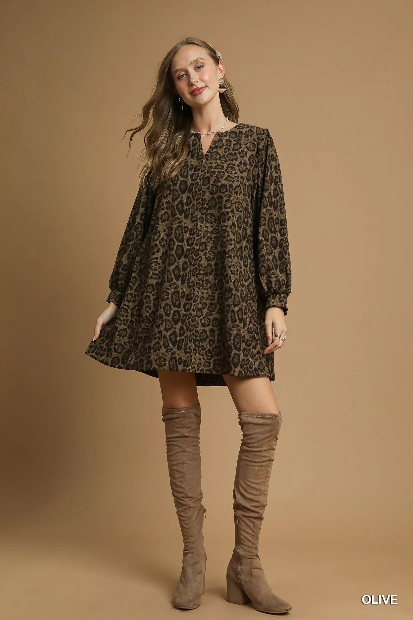 Umgee Leopard Print Long Sleeve Swing Dress OutfitFlow