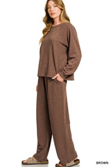 Zenana Slub Long Sleeve Top and Pants Lounge Set OutfitFlow