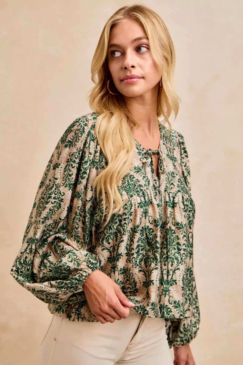 BiBi Printed Woven Front Tied Blouse with Baloon Sleeve OutfitFlow