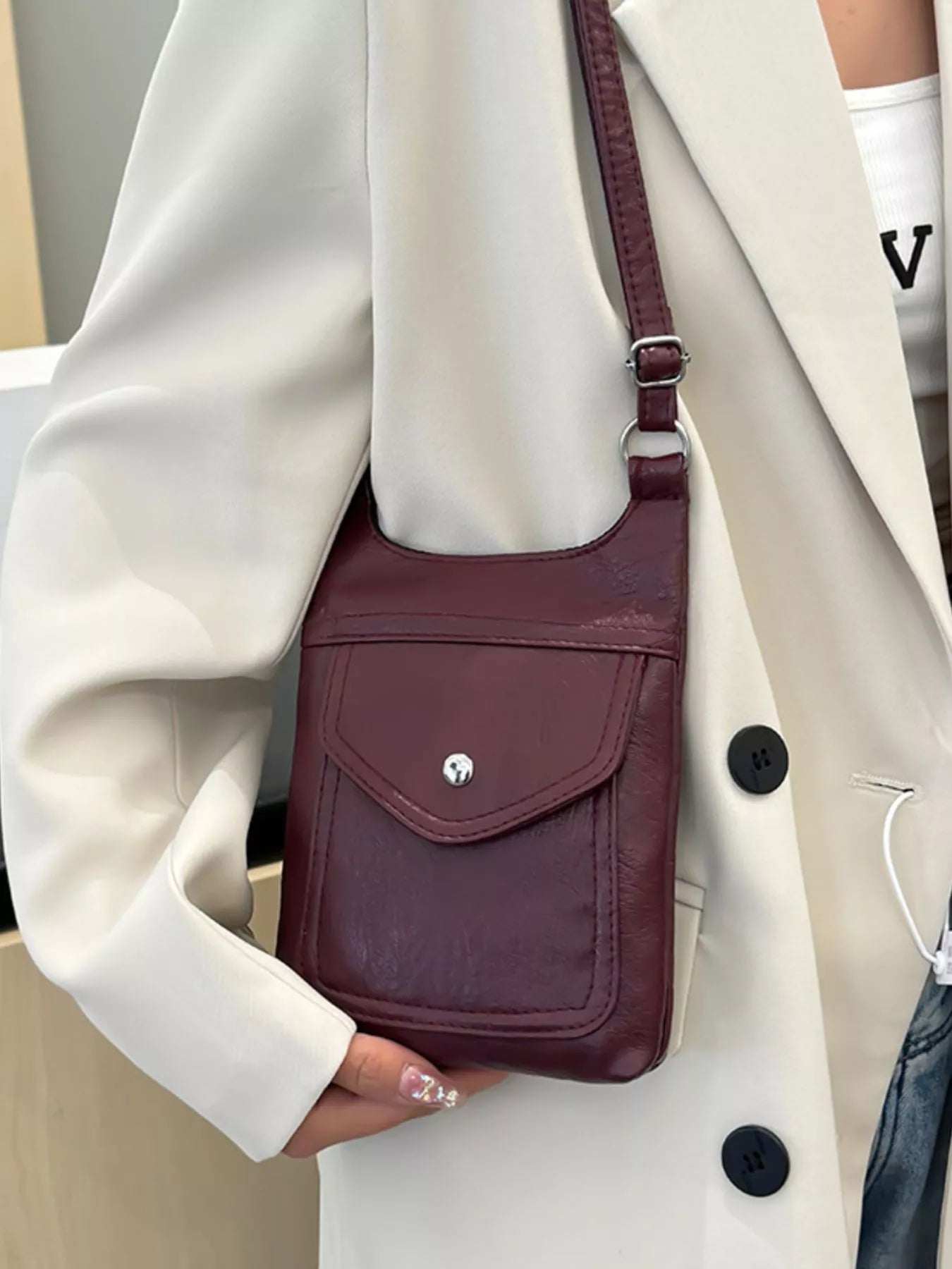 Adjustable Strap Leather Crossbody Bag OutfitFlow