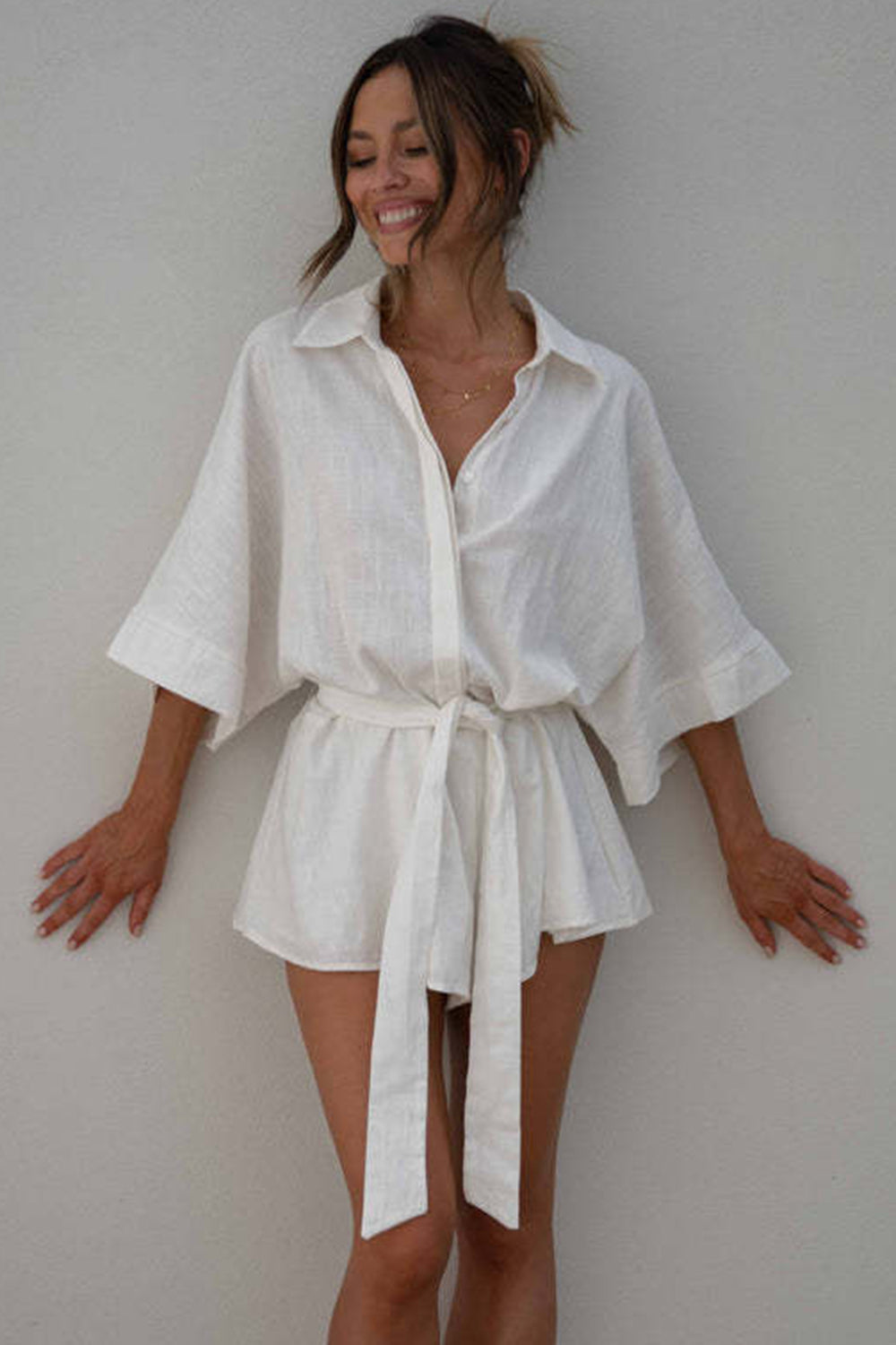 Tied Button Up Collared Neck Romper