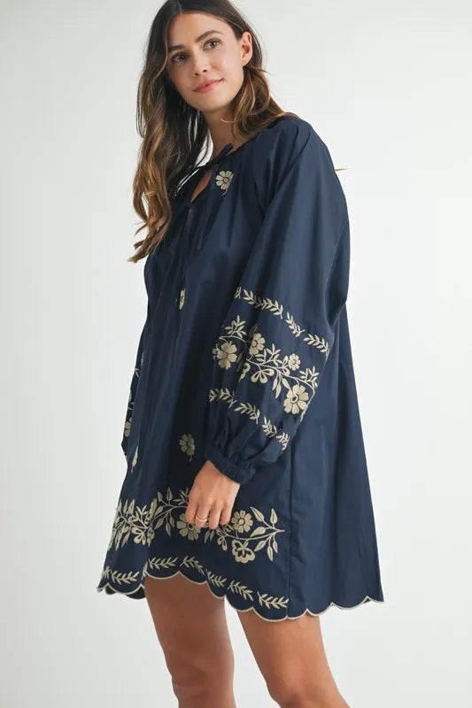 MABLE Embroidered Long Sleeve Peasant Mini Dress OutfitFlow