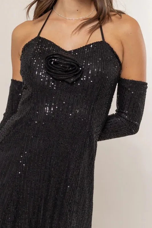 HYFVE Sequin Rosette Halter Mini Dress OutfitFlow