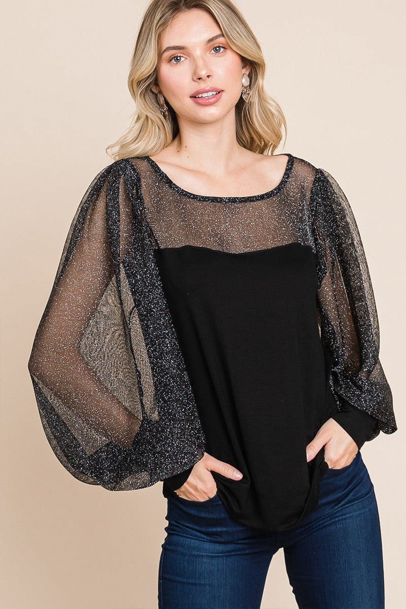 Outfit Flow - Super Lady Full Size Metallic Mesh Lantern Sleeve Blouse